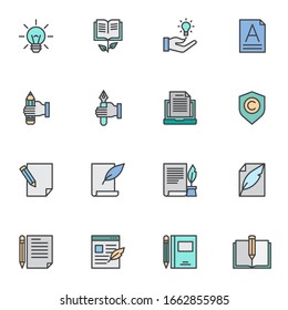Education filled outline icons set, line vector symbol collection, linear colorful pictogram pack. Signs, logo illustration, Set includes icons as idea lamp, copywriting, document edit, paper and pen