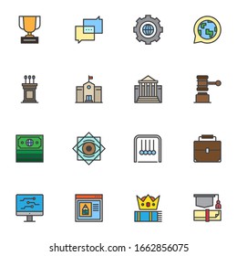 Education filled outline icons set, line vector symbol collection, Science, knowledge linear colorful pictogram pack. Signs, logo illustration, Set includes icons as finance, law courthouse, computer