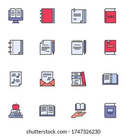 Education filled outline icons set, line vector symbol collection, linear colorful pictogram pack. Signs, logo illustration, Set includes icons as e-learning, online book reading, music, grade result 