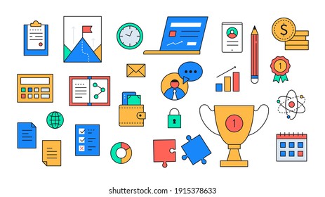 Education, finance and motivation - colorful flat design style icons. Images of essential business, management, planning, science metaphors. Award, calculator, check list, wallet, clipboard objects