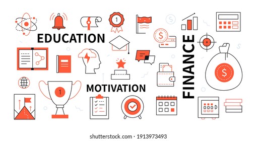 Education, finance and motivation - line design style icons. Linear images of essential business, management, educational metaphors. Award, target, books, calculator, safe, check list, wallet objects