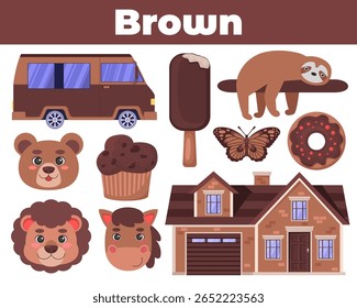Education flashcard with brown color. Learning worksheet for kids, preschool. Vector illustration in a flat style