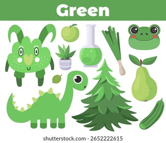 Education flashcard with green color. Learning worksheet for kids, preschool. Vector illustration in a flat style