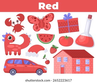 Tarjeta de Educación con color rojo. Hoja de trabajo de aprendizaje para niños, preescolar. Ilustración vectorial en un estilo plano