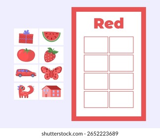 Education flashcard with red color. Learning worksheet for kids, preschool. Vector illustration in a flat style