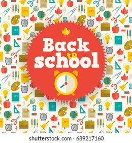 Education flat background with back to school sticker and supplies seamless pattern vector illustration