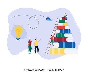 Education flat background with big books and people. People read book and discuss knowledge. Vector illustration.