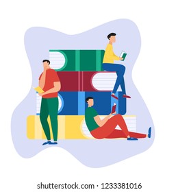 Education flat background with big books and people. People read book. Vector illustration.