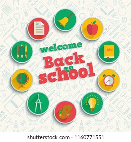 Education flat background with school supplies in circles and hand drawn icons seamless pattern vector illustration