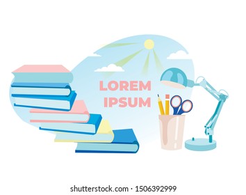 Education Flat Banner with Cartoon Books, Lamp and Stationary on Glass such as Pencils, Scissors. Place for Title over Natural Backdrop. Back to School. Educational Tool. Vector Illustration
