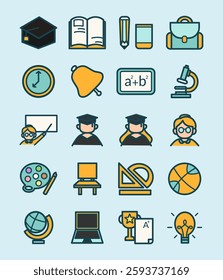 Education flat color icon set with bright and vibrant colors. School and learning symbols on soft background. Perfect for UI and print.