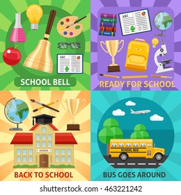 Education flat compositions with bus bell to lesson ready for study back to school isolated vector illustration