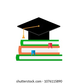 Education flat concept. Book and cap, knowledge study, graduation college. Vector illustration