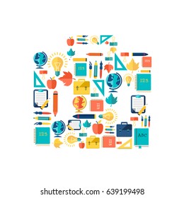 Education flat concept with colorful school icons in bag shape on white background isolated vector illustration