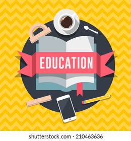 Education flat design concept for web and mobile services and apps. Idea for education, online education, online learning, learn to think, e-learning. Vector illustration. 