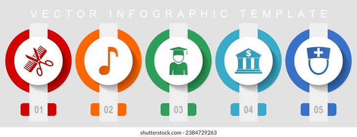 Education flat design icon set, miscellaneous icons such as barber shop, music, study, bank and doctor, vector infographic template, web buttons collection