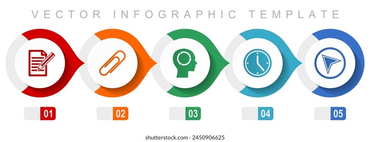 Plantilla de infografía de diseño plano de Educación, símbolos varios como registro, adjuntar, cabeza, reloj y flecha de navegación, colección de iconos vectoriales