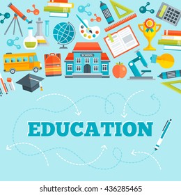 Diseño plano de la Educación con el autobús de las herramientas de aprendizaje del edificio escolar y la inscripción abajo en la Ilustración vectorial azul del fondo