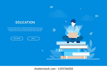 Education - flat design style colorful web banner on blue background with copy space for your text. Composition with a female student sitting on a big pile of books, working at the computer, laptop
