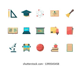 Education flat icon. School learning college books ball and bag vector education symbols isolated