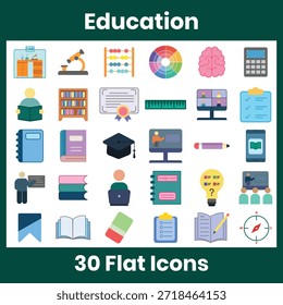 Bildungs-Icon mit 30 Symbolen für Lernen, Schule, Studium und Wissen. Sauberes Vektordesign für E-Learning, Apps, Websites, Benutzeroberflächen und Bildungsprojekte.
