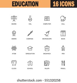 Education flat icon set set. Collection of high quality outline symbols of education for web design, mobile app. Vector thin line icons or logo of board, microscope, book, pen, atom, pencil, ruler.