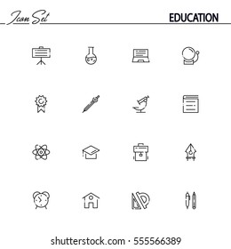 Education flat icon set set. Collection of high quality outline symbols of education for web design, mobile app. Vector thin line icons or logo of board, microscope, book, pen, atom, pencil, ruler. 