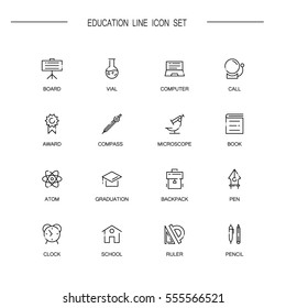 Education flat icon set set. Collection of high quality outline symbols of education for web design, mobile app. Vector thin line icons or logo of board, microscope, book, pen, atom, pencil, ruler. 