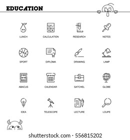 Education flat icon set set. Collection of high quality outline symbols of education for web design, mobile app. Vector thin line icons or logo of lunch, calculation, telescope, lamp, diploma, drawing