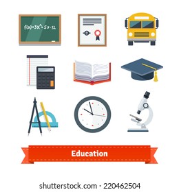 Education flat icon set. EPS 10 vector.