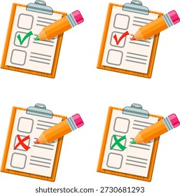 Conjunto de iconos planos de Educación Conjunto de iconos planos de Educación para volante, póster, Sitio web como prueba, lápiz, Portapapeles, garrapata y garrapata cruzada. Ilustración vectorial aislada