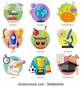 Education Flat Icon Set for Flyer, Poster, Web Site Like mortarboard, books, brain and trophy