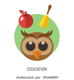 Education Flat Icon Set for Flyer, Poster, Web Site Like Owl, Apple and Bell.