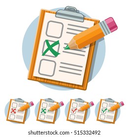 Education Flat Icon Set for Flyer, Poster, Web Site Like Test, Pencil, Clipboard, Tick and cross tick isolated vector illustration