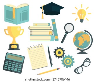 Education flat icon set, school and studying elements. Stock vector illustration. Isolated on white background.