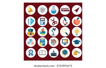 Educación Flat Icon Set con Ciencia de la escuela Arte Tecnología Aprendizaje Símbolos Colección