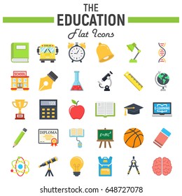 Education flat icon set, school symbols collection, knowledge vector sketches, logo illustrations, colorful solid pictograms package isolated on white background, eps 10.