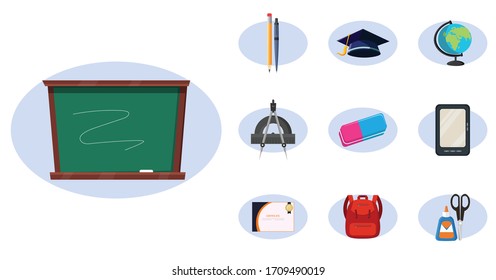 education flat icon set, with study equipment. blackboard, electronic book, graduation cap isolated illustration elements