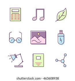 Education flat icon vector set including calculator, music, leaf, glasses, image, flash-drive, lamp, copybook, molecule, that can be use for commercial.