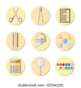 Education Flat icons. Back to school design. Stationery in flat style. Pastel color. Vector illustration.