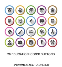 Education flat icons/ buttons with shadow.