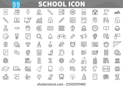 Education Flat Icons, School Elements Black Line Icon, Back to school icon set with 99 different vector icons related with education, success, academic subjects and more.