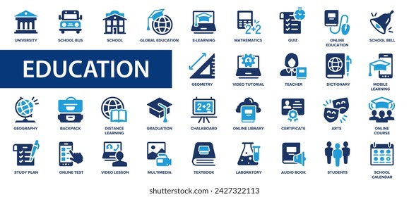 Education flat icons set. Learning, school, university, success, academic icons and more signs. Flat icon collection.