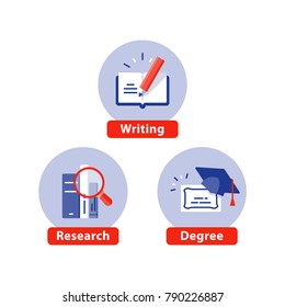 Education Flat Icons, Study Subject, University Degree, Graduation Cap, PhD Diploma, Course Certificate, Writing, Book Research, Vector Illustration