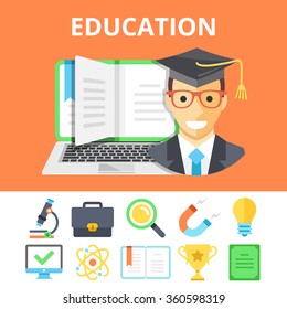 Education flat illustration and colorful flat education icons set. Creative flat design graphic concepts for web banners, web sites, printed materials, infographics. Modern vector flat illustration