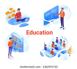 Education flat isometric illustrations set. University, college cliparts pack. Online courses, e-learning. Students, teacher, tutor cartoon characters. Library, lecture hall. Isolated design elements