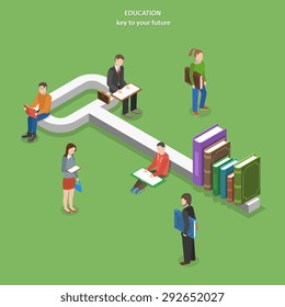 Education flat isometric vector concept. People read books near key, part of which are books.