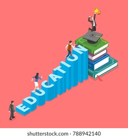 Education flat isometric vector concept. People are climbing into graduation cap that is on the pile of books. They do it using stairs that made of letters of the word EDUCATION.