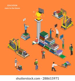 Education flat isometric vector conceptual illustration. People build stairs using books to get to cup and academic cap.