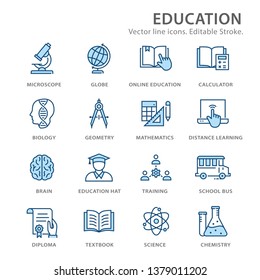 Education flat line icons. Set of chemistry, brain, diploma, geometry and more. Editable Stroke. Change to any size and any colour.